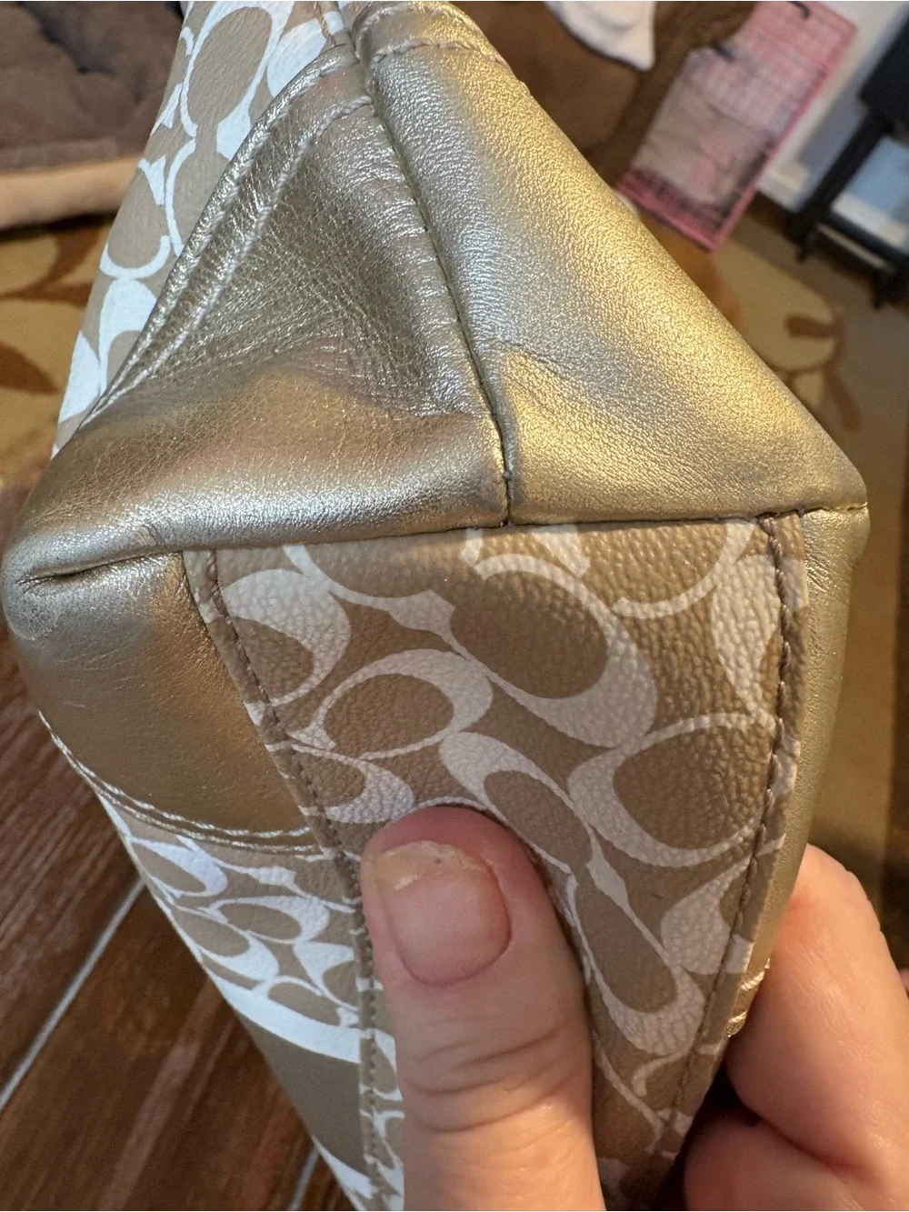 Coach Beige Signature Tote with Metallic Silver Trim
